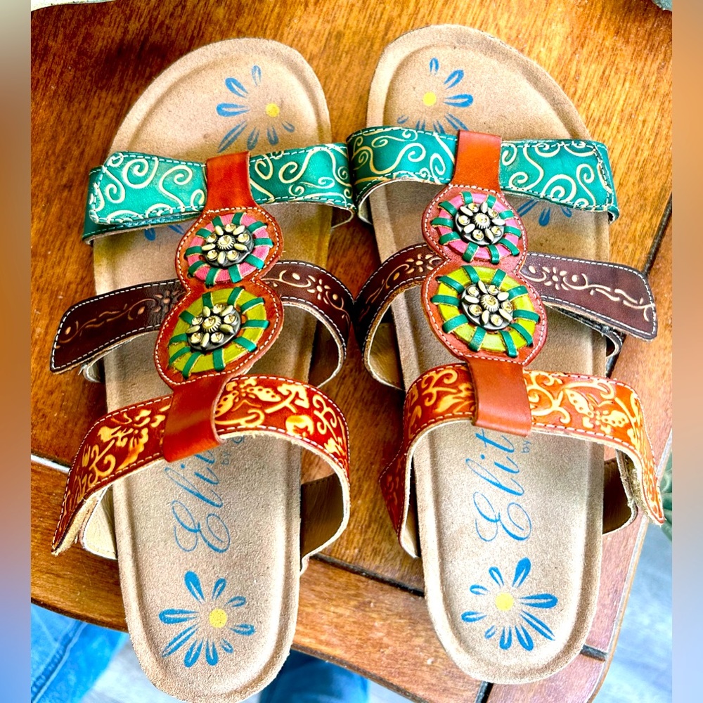 Slide on adjustable size 7 sandals in multi colors